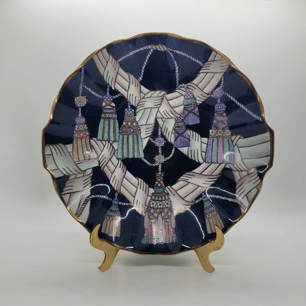 HFP Macau Hand Painted Porcelain Tassel Plate Cobalt Blue Scalloped Gold Rim 10"